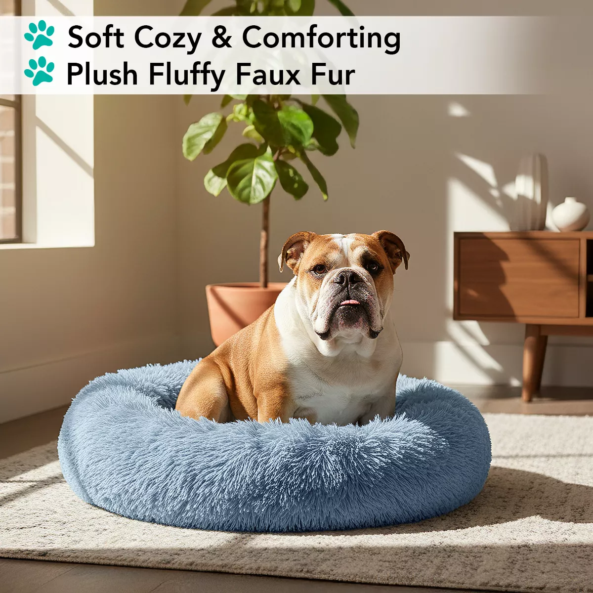 Petami Calming Dog Bed for Puppy Cat Kitten, round Washable Pet Bed, anti Anxiety Cuddler, Fluffy Plush Circular Donut Bed